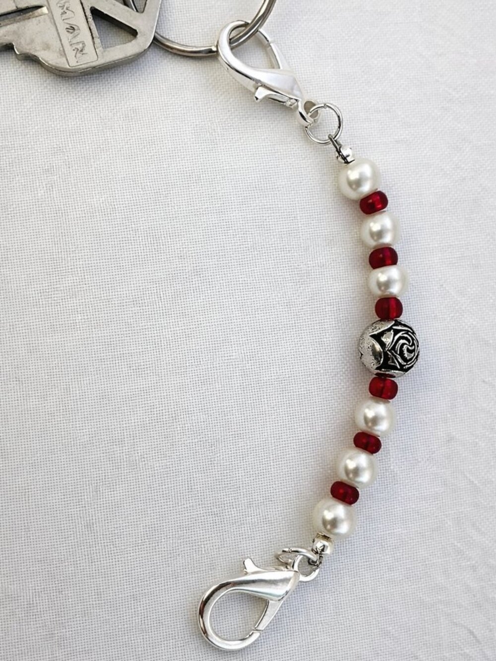 Red White Beaded key keeper with Silver Rose Accent